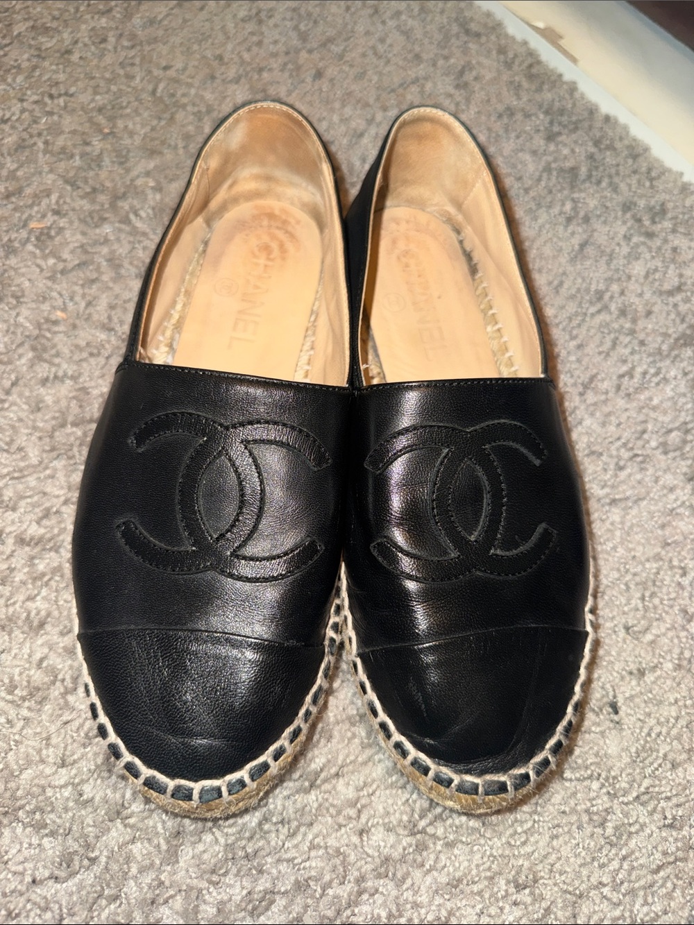 CHANEL Black Leather Espadrille Slip-Ons with CC Logo